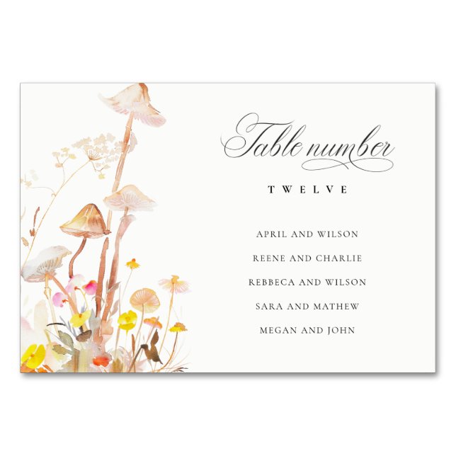 Wildflower Mushroom Autumn Wedding Seating Chart Table Number (Front)