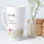 Wildflower Name Definition Pretty Wild Flower Latte Mug<br><div class="desc">Wildflower latte mug with custom name definition. The personalisation template is ready for you to add your name and your chosen definition, listing 3 personal attributes, characteristics or skills which could be true, funny, good or bad. The design features delicate watercolor meadow wild flowers in pink orange purple blue and...</div>