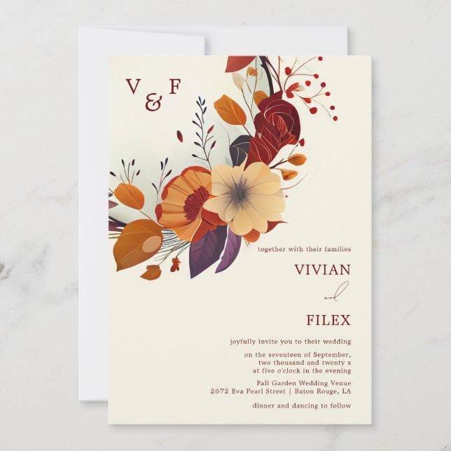 Wildflower Name Initial Fall Wedding Invitation (Front)