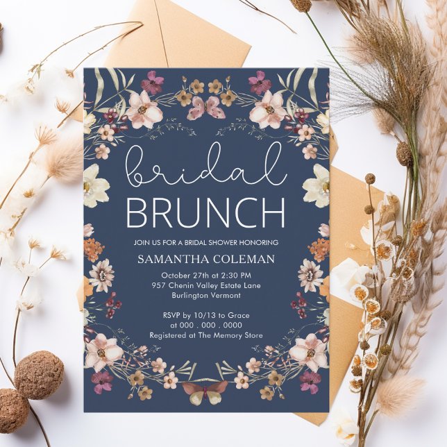 Wildflower Navy Blue Bridal Brunch Bridal Shower Invitation (Creator Uploaded)