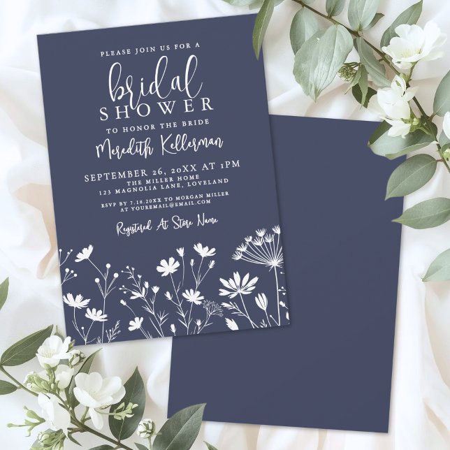 Wildflower Navy Blue Bridal Shower Invitation (Wildflower Navy Blue Bridal Shower Invitation)