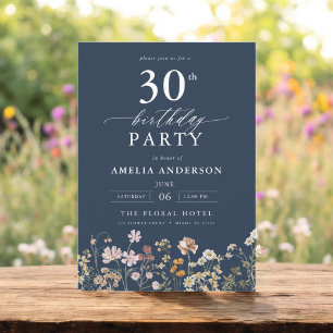 Wildflower Navy Blue Garden Floral 30th Birthday Invitation