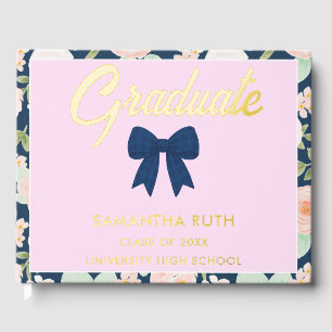 Wildflower Navy Blue Gingham Bow Graduation Party Guest Book