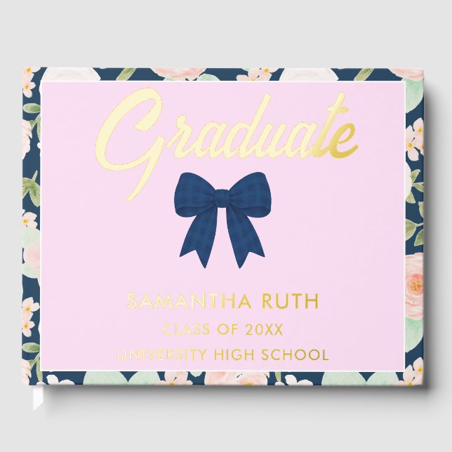 Wildflower Navy Blue Gingham Bow Graduation Party Guest Book (Front)