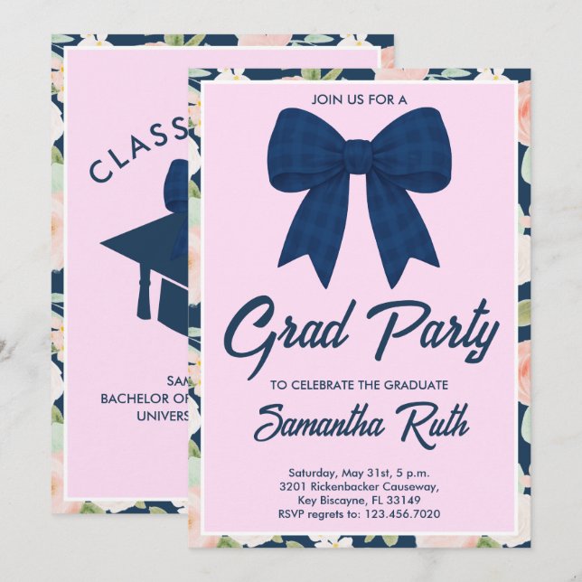 Wildflower Navy Blue Gingham Bow Graduation Party Invitation (Front/Back)