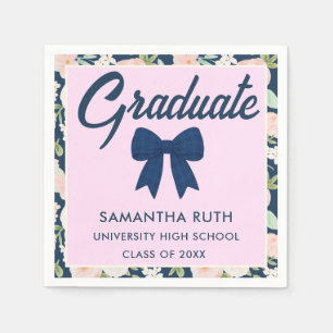 Wildflower Navy Blue Gingham Bow Graduation Party Napkin