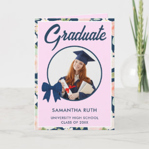 Wildflower Navy Blue Gingham Bow Photo Graduation Card