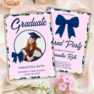 Wildflower Navy Blue Gingham Bow Photo Graduation Invitation