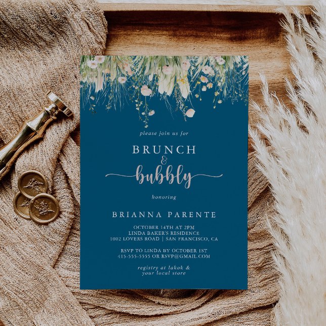 Wildflower Navy Brunch and Bubbly Bridal Shower Invitation (Creator Uploaded)