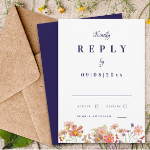 Wildflower Navy Burnt Orange Fall Wedding Reply RSVP Card