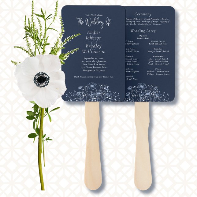 Wildflower Navy White Botanical Floral Program Hand Fan (Creator Uploaded)