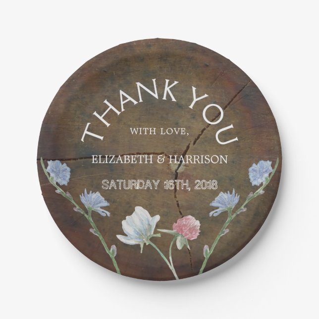 Wildflower Oak Wood Wedding Paper Plate (Front)
