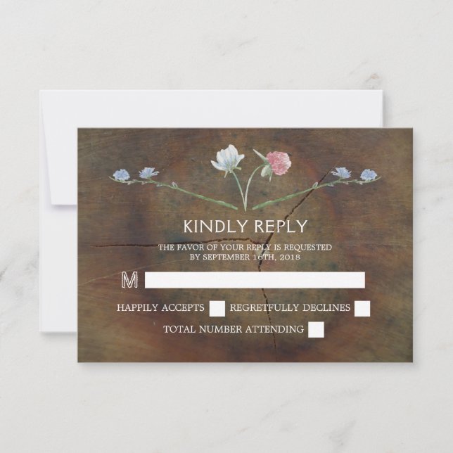 Wildflower Oak Wood Wedding RSVP Card (Front)