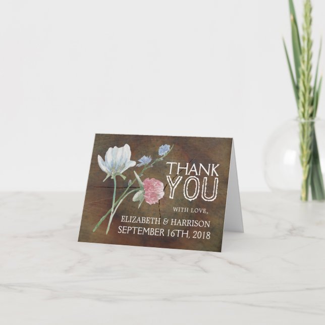 Wildflower Oak Wood Wedding Thank You Card (Front)