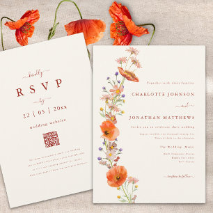 Wildflower Orange Brown Floral Wedding QR Code Invitation