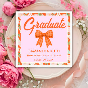 Wildflower Orange Gingham Bow Graduation Party Napkin
