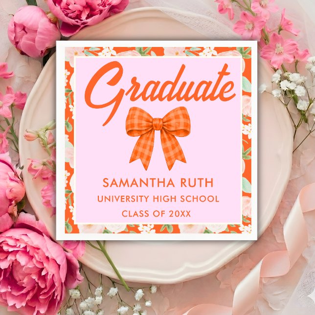 Wildflower Orange Gingham Bow Graduation Party Napkin (Creator Uploaded)