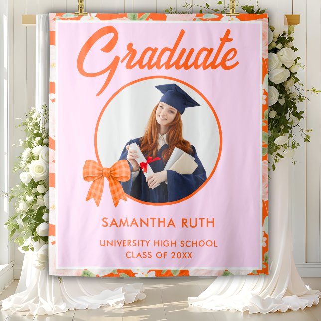 Wildflower Orange Gingham Bow Photo Grad Backdrop Tapestry (Creator Uploaded)