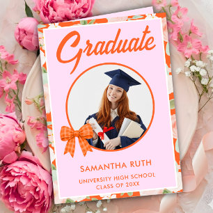 Wildflower Orange Gingham Bow Photo Graduation Card