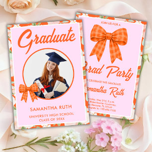 Wildflower Orange Gingham Bow Photo Graduation Invitation