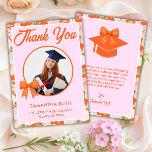 Wildflower Orange Gingham Bow Photo Graduation Thank You Card