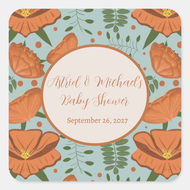 Wildflower Orange Poppy Baby Shower Square Sticker (Front)