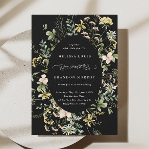 Wildflower Oval Frame Wedding Black Invitation