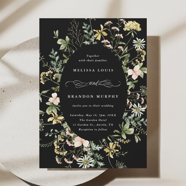 Wildflower Oval Frame Wedding Black Invitation (Creator Uploaded)