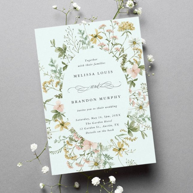 Wildflower Oval Frame Wedding Mint Invitation (Creator Uploaded)