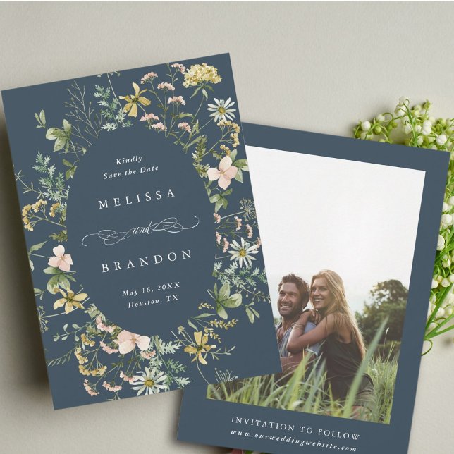Wildflower Oval Frame Wedding Photo Navy Save The Date (Creator Uploaded)