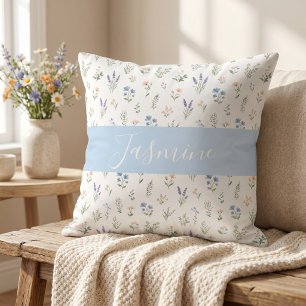 Wildflower Pattern Custom Monogram Name Blue Cushion