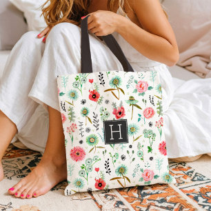 Wildflower Pattern Monogram Botanical Market Tote Bag