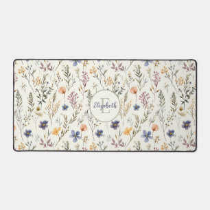 Wildflower Pattern Sage Green Purple Monogram Desk Mat