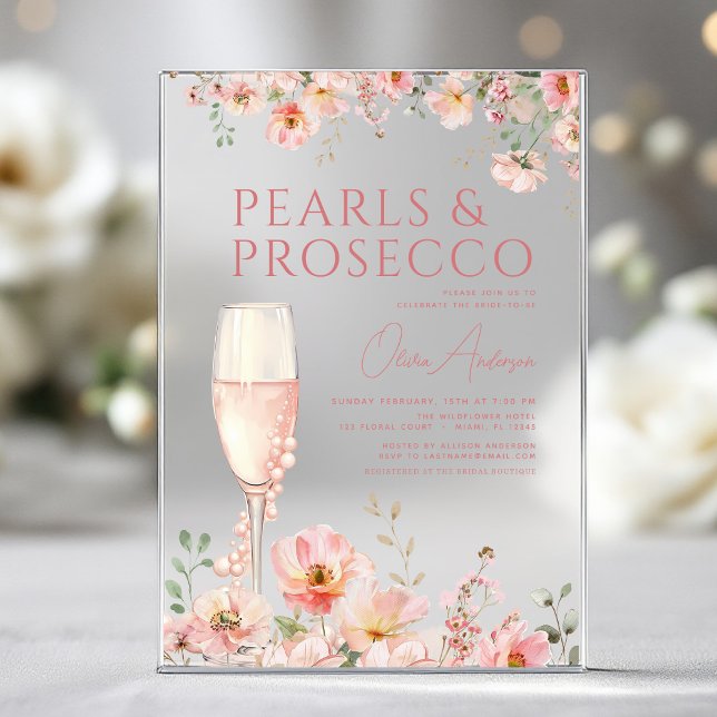 Wildflower Pearls & Prosecco Blush Bridal Shower  Acrylic Invitations (Creator Uploaded)