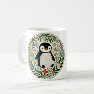 Wildflower Penguin Lovers Illustration Coffee Mug