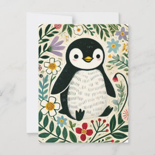 Wildflower Penguin Lovers Illustration Postcard