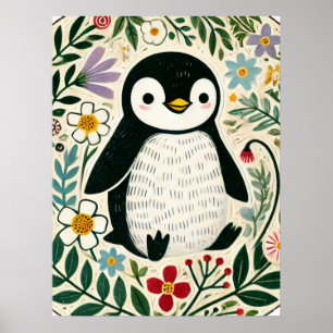 Wildflower Penguin Lovers Illustration Poster