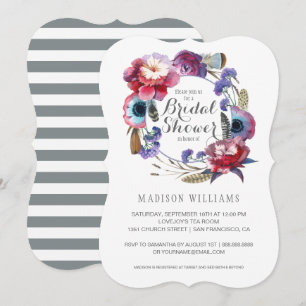 Wildflower Peony Floral Feathers   Bridal Shower Invitation