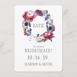 Wildflower Peony Floral with Feathers   Bridesmaid Invitation