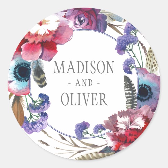 Wildflower Peony Floral with Feathers | Wedding Classic Round Sticker (Front)