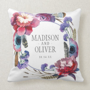 Wildflower Peony Floral with Feathers   Wedding Cushion