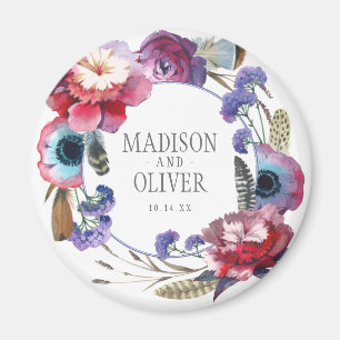 Wildflower Peony Floral with Feathers Wedding Magnet