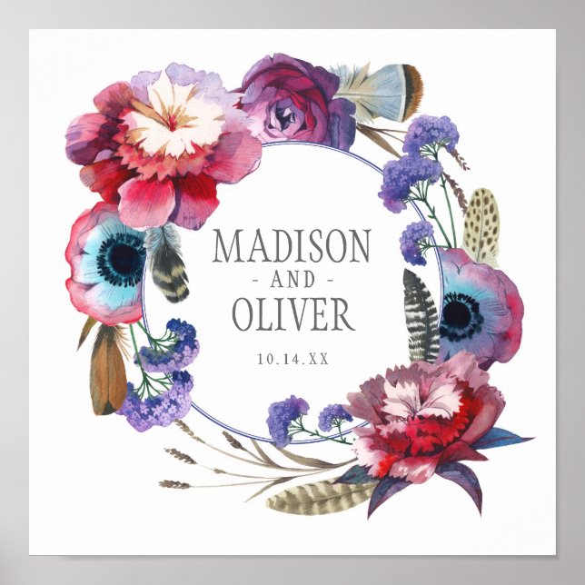 Wildflower Peony Floral with Feathers | Wedding Poster (Front)