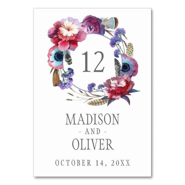 Wildflower Peony Floral with Feathers | Wedding Table Number (Front)