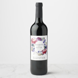 Wildflower Peony Floral with Feathers   Wedding Wine Label