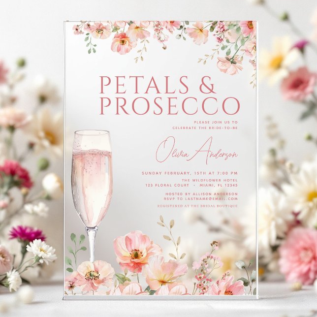 Wildflower Petals & Prosecco Blush Bridal Shower  Acrylic Invitations (Creator Uploaded)