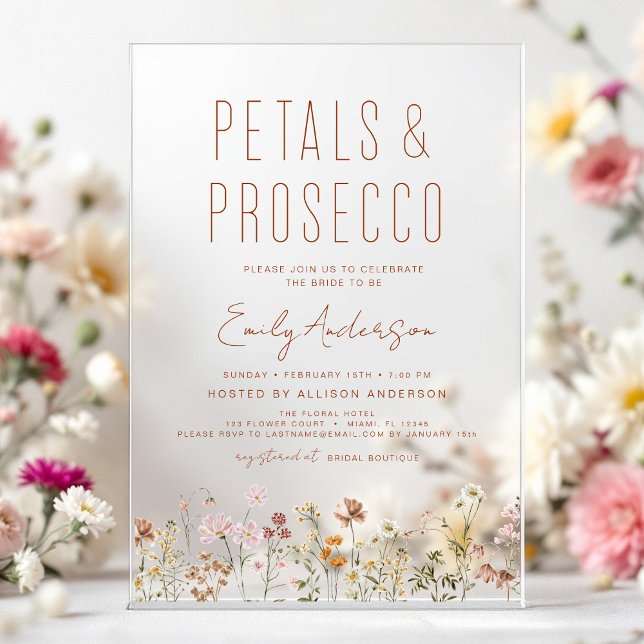 Wildflower Petals & Prosecco Bridal Shower Acrylic Invitations (Creator Uploaded)