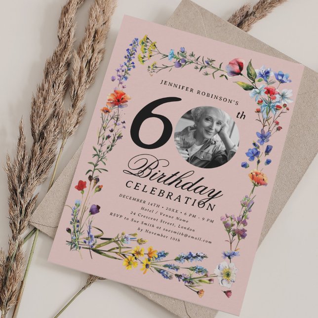 Wildflower Photo 60th Birthday Party Blush Pink  Invitation (Wildflower Photo 60th Birthday Party Blush Pink Invitation)