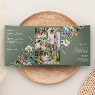 Wildflower Photo All in One Sage Green Wedding Tri-Fold Invitation