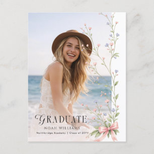 Wildflower Photo Pink Bow Graduation Invitation Postcard